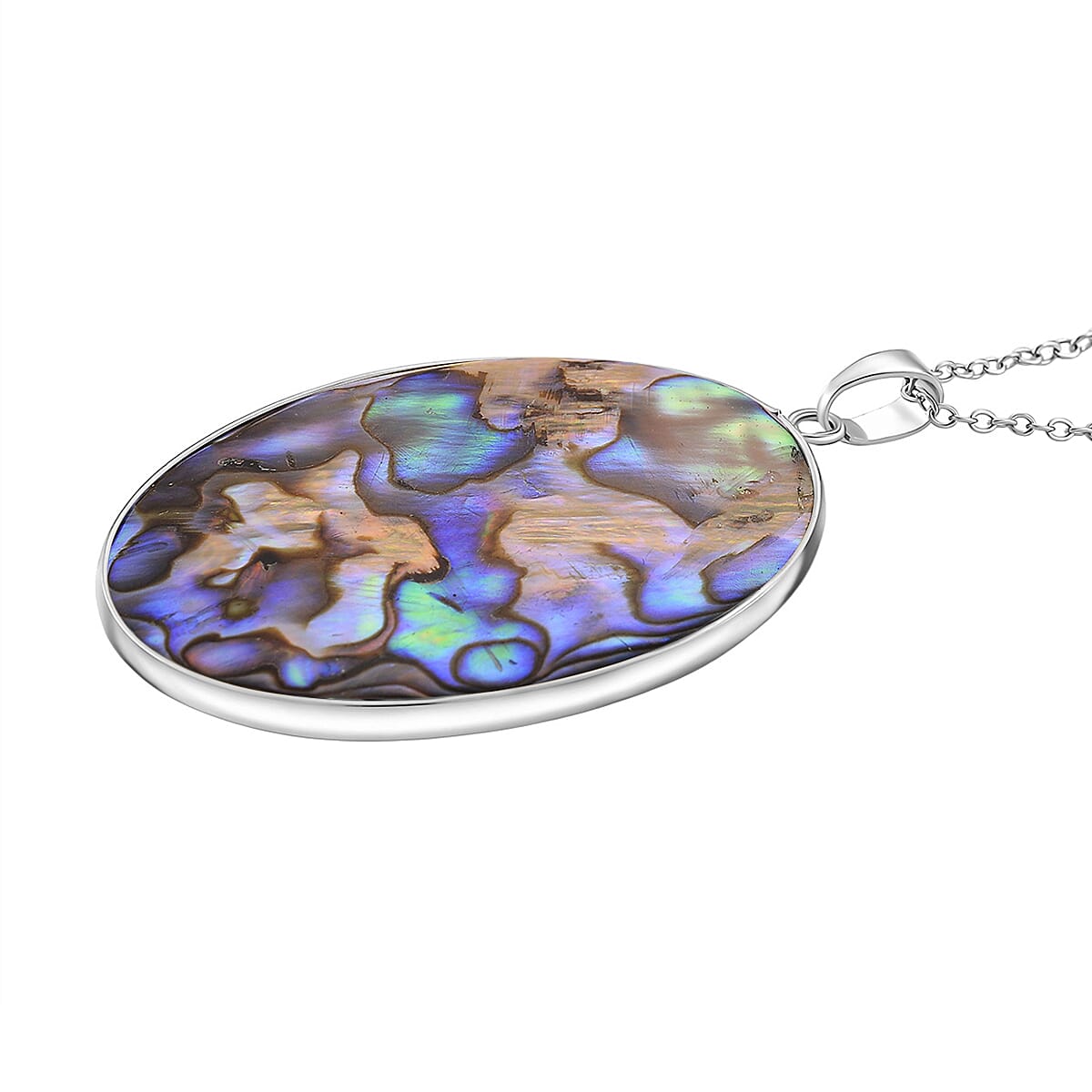 Abalone Shell Oval Cut Pendant with Chain (Size 20-2 EXT) in Silver Tone 60.00 Ct.