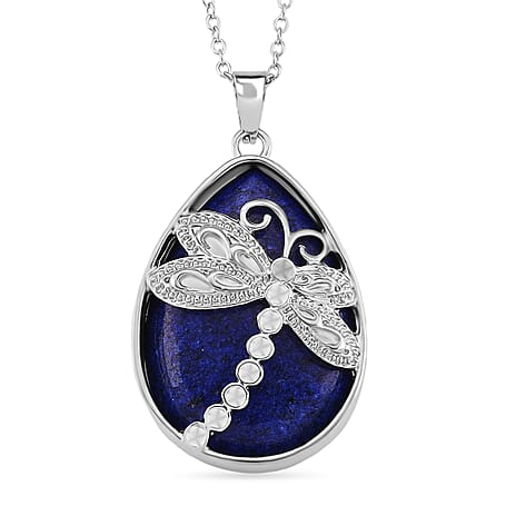 Lapis Lazuli Dragonfly Drop Pendant with Chain (Size 20-2 Ext) in Silver Tone 20.00 Ct.
