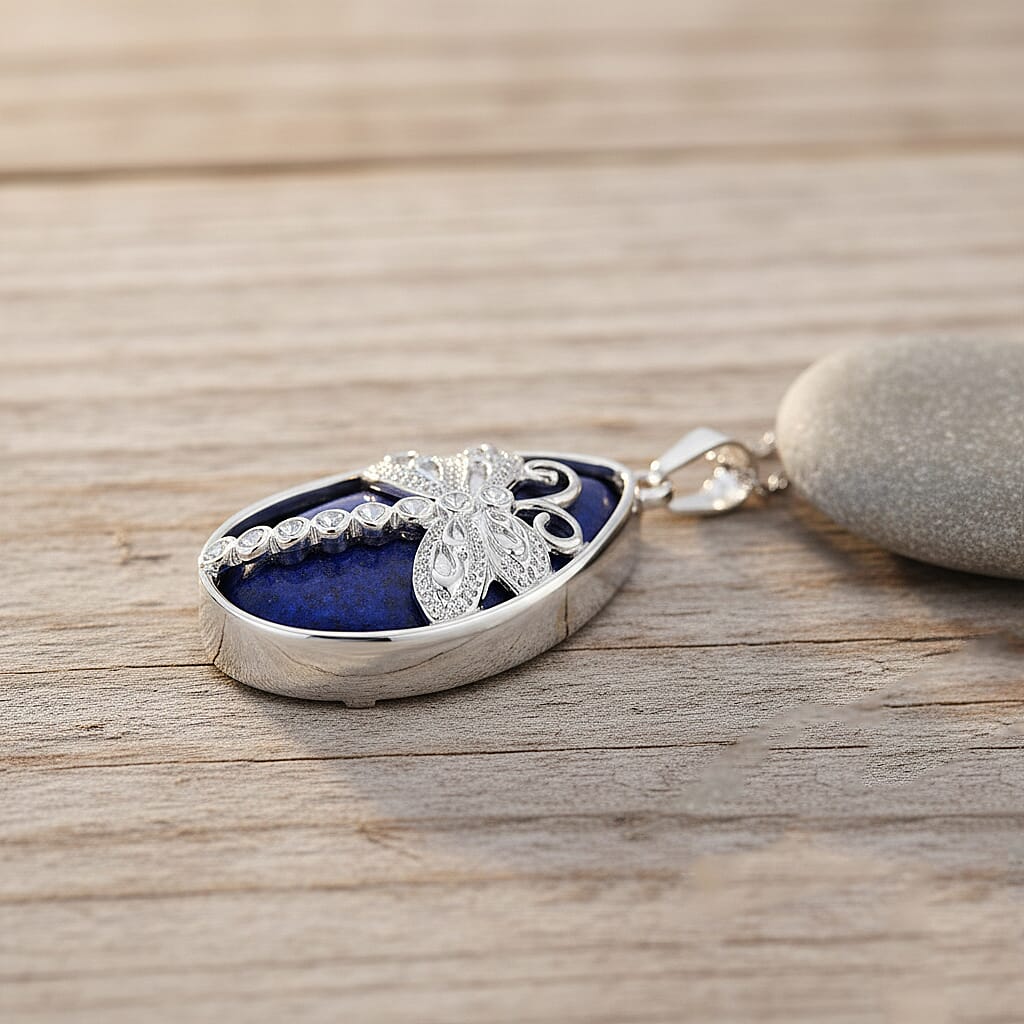 Lapis Lazuli Dragonfly Drop Pendant with Chain (Size 20-2 Ext) in Silver Tone 20.00 Ct.