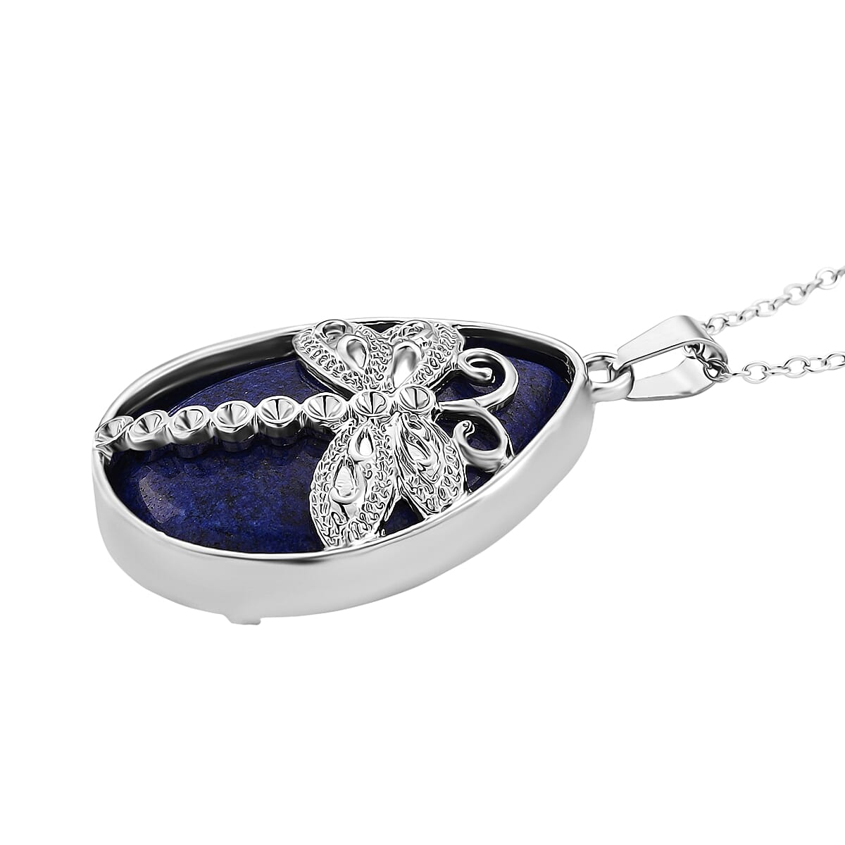 Lapis Lazuli Dragonfly Drop Pendant with Chain (Size 20-2 Ext) in Silver Tone 20.00 Ct.