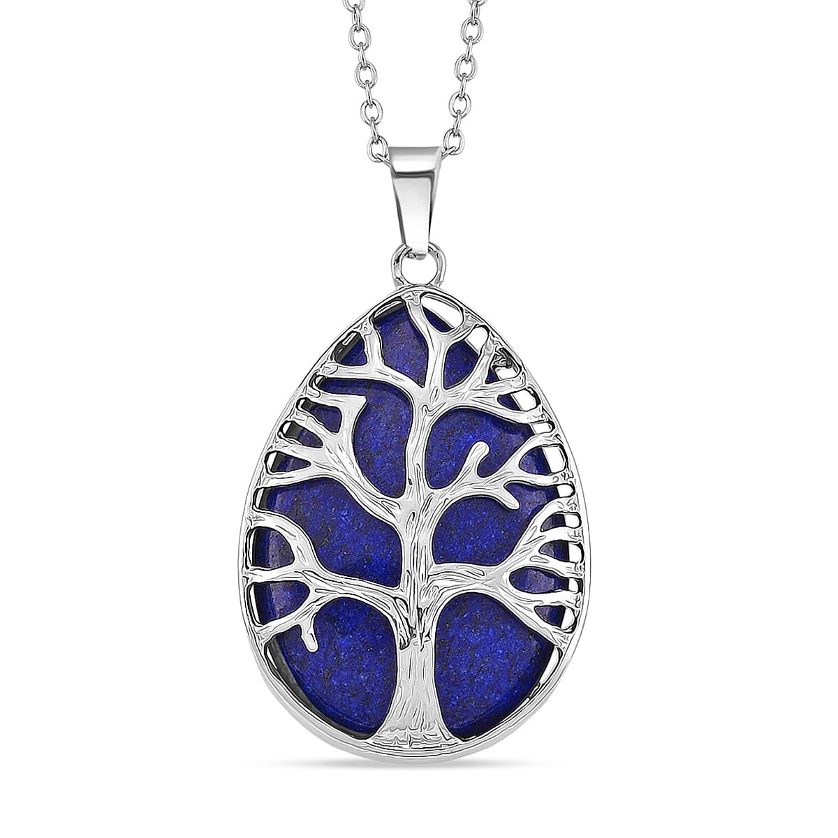 Lapis Lazuli Tree of Life Pendant with Chain (Size 20-2 Ext) in Silver Tone 22.00 Ct.