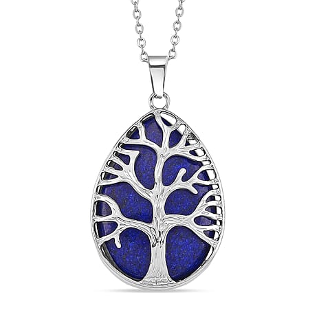 Lapis Lazuli Tree of Life Pendant with Chain (Size 20-2 Ext) in Silver Tone 22.00 Ct.