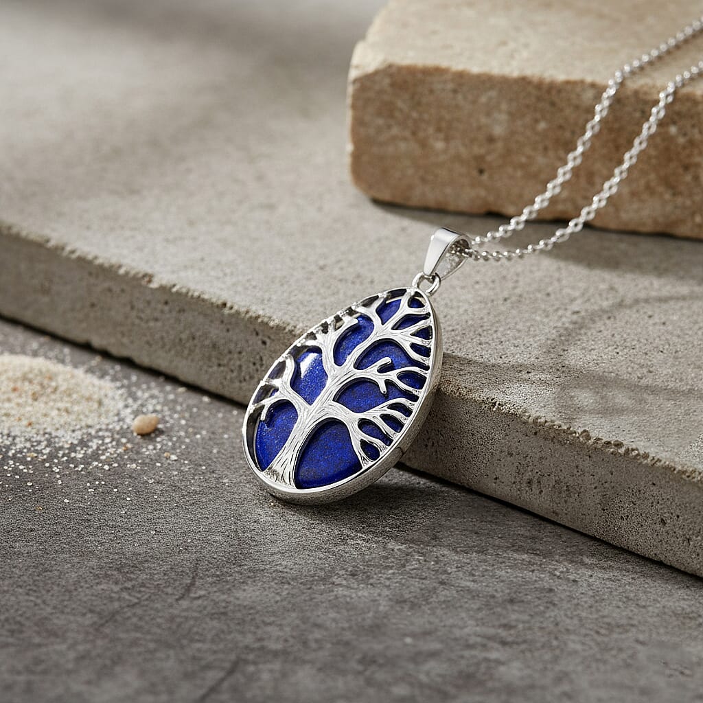 Lapis Lazuli Tree of Life Pendant with Chain (Size 20-2 Ext) in Silver Tone 22.00 Ct.