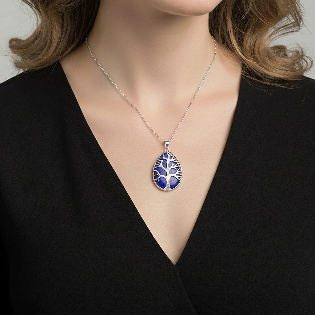 Lapis Lazuli Tree of Life Pendant with Chain (Size 20-2 Ext) in Silver Tone 22.00 Ct.