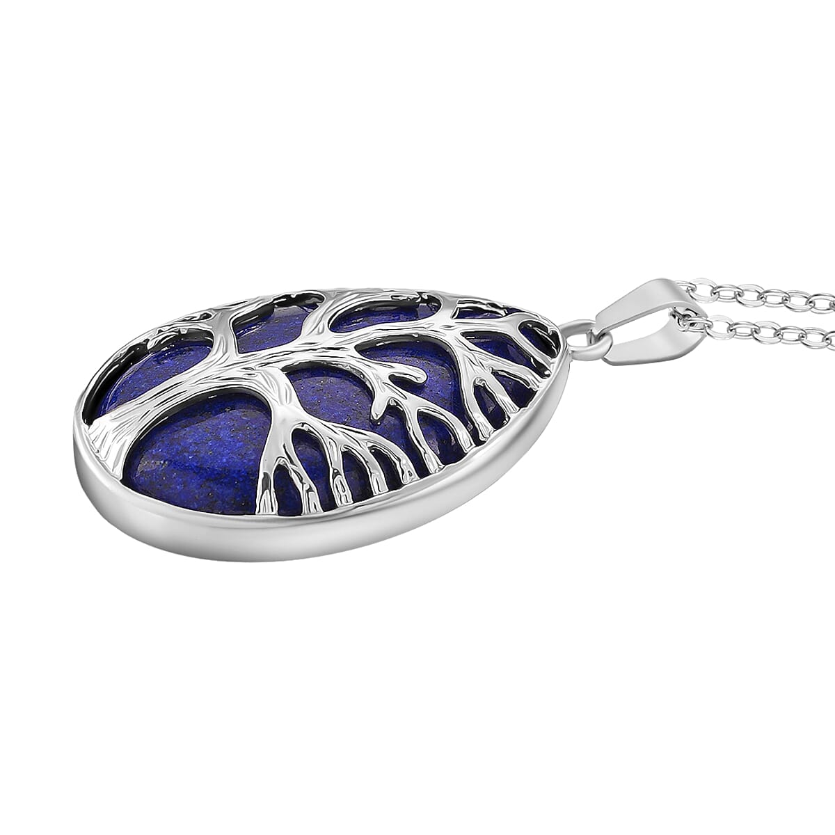 Lapis Lazuli Tree of Life Pendant with Chain (Size 20-2 Ext) in Silver Tone 22.00 Ct.