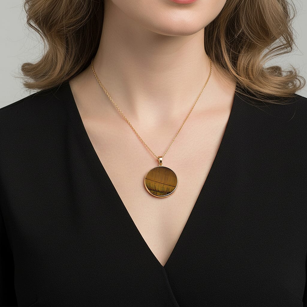 Yellow Tigers Eye Pendant with Chain (Size 20-2 EXT) in Yellow Gold Tone 25.00 Ct.