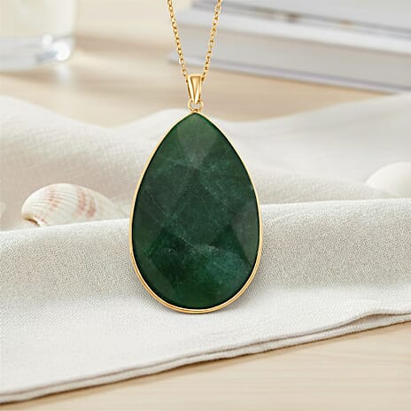 Green Quartzite Pear Solitaire Pendant with Chain (Size 20-2 Ext) in Yellow Gold Tone 40.00 Ct.