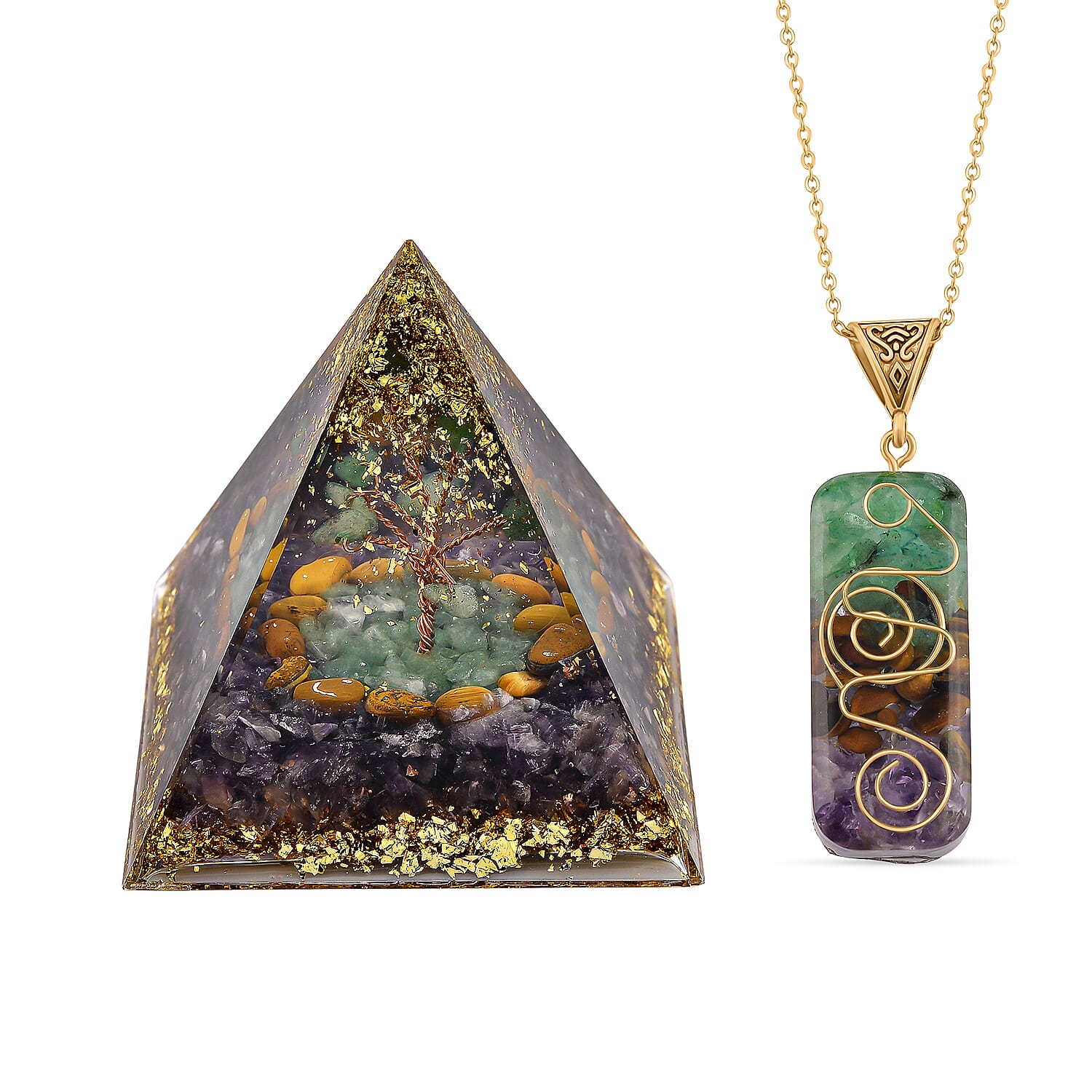 CloseOut Deal - 2 Piece Set - Multi Colour Gemstones Amethyst Pyramid Decorative & Pendant with Chain (Size 20 - 2 Ext)