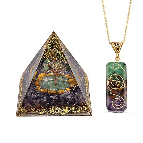 CloseOut Deal - 2 Piece Set - Multi Colour Gemstones Amethyst Pyramid Decorative & Pendant with Chain (Size 20 - 2 Ext)