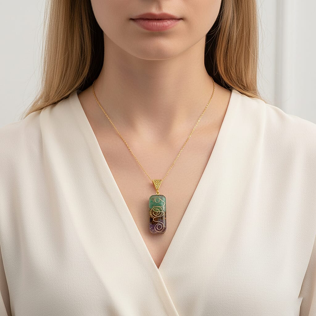 CloseOut Deal - 2 Piece Set - Multi Colour Gemstones Amethyst Pyramid Decorative & Pendant with Chain (Size 20 - 2 Ext)