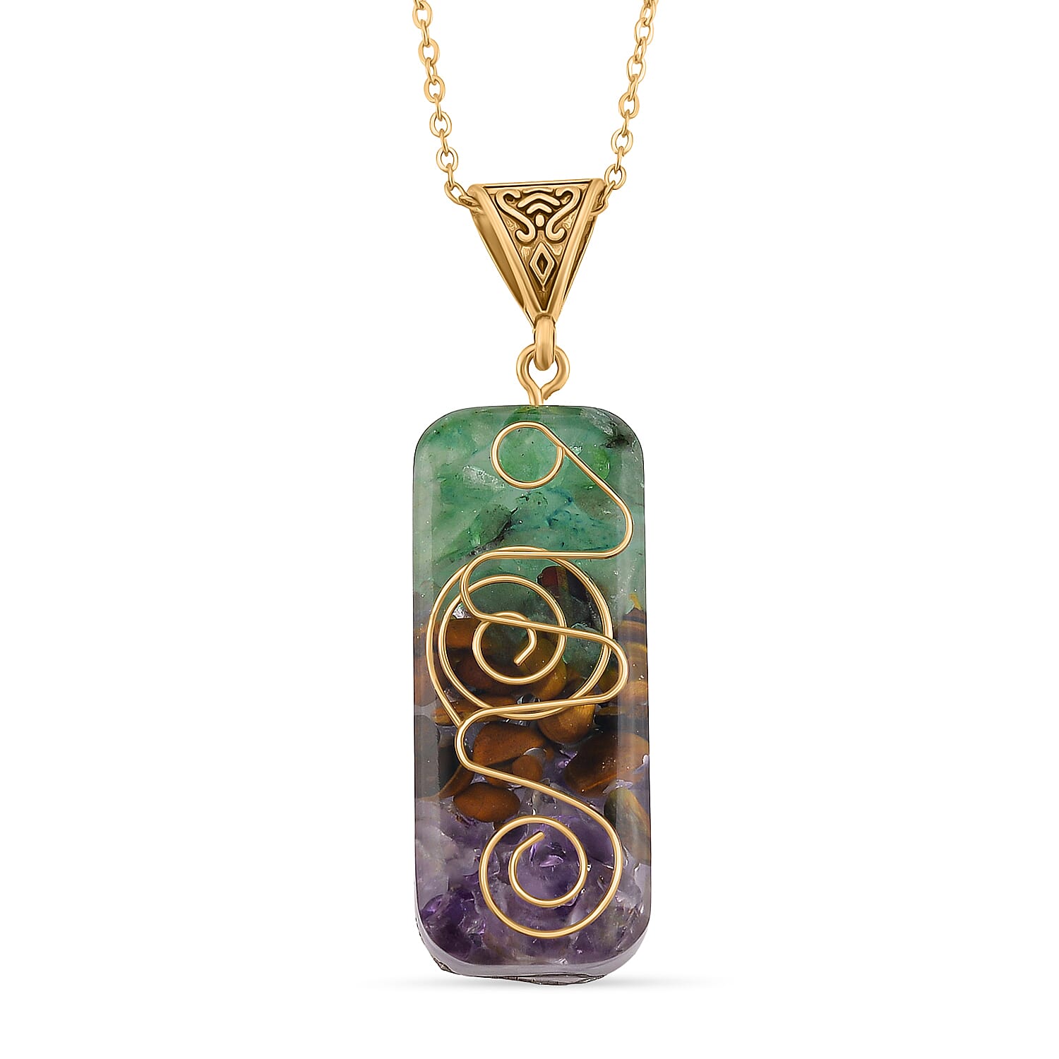 CloseOut Deal - 2 Piece Set - Multi Colour Gemstones Amethyst Pyramid Decorative & Pendant with Chain (Size 20 - 2 Ext)