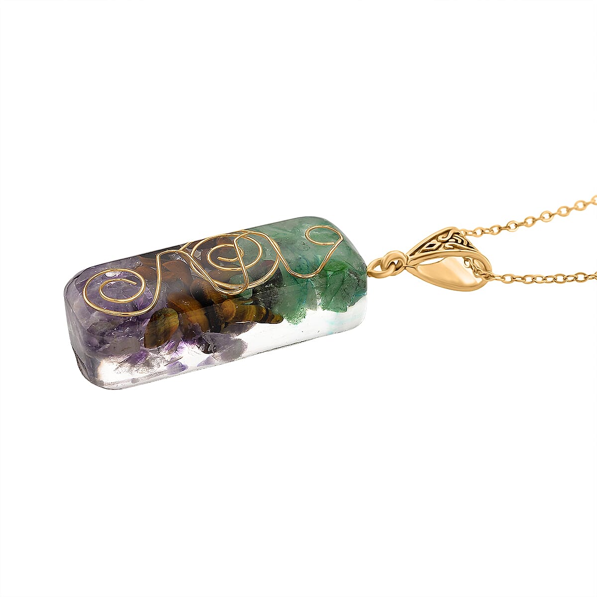 CloseOut Deal - 2 Piece Set - Multi Colour Gemstones Amethyst Pyramid Decorative & Pendant with Chain (Size 20 - 2 Ext)