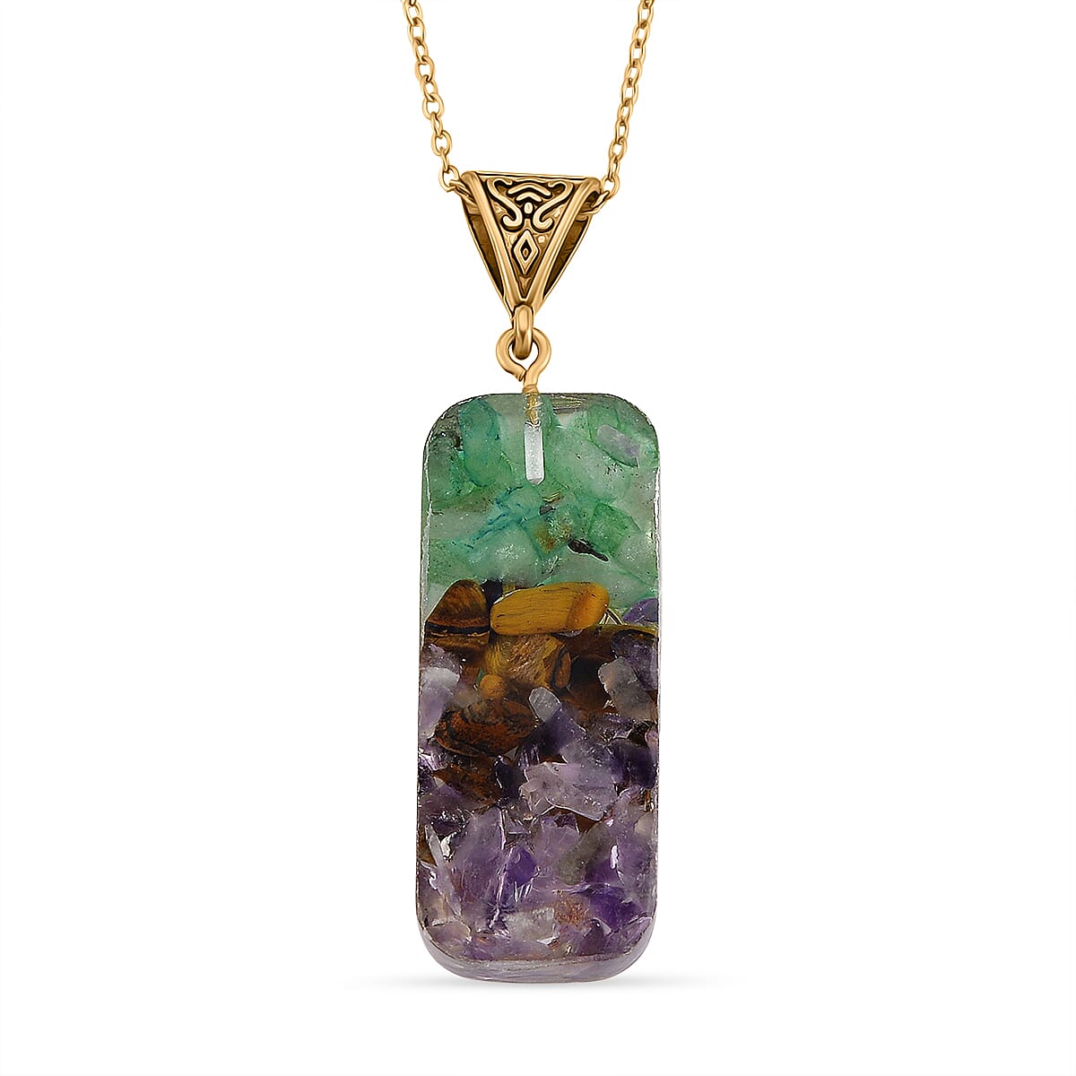 CloseOut Deal - 2 Piece Set - Multi Colour Gemstones Amethyst Pyramid Decorative & Pendant with Chain (Size 20 - 2 Ext)