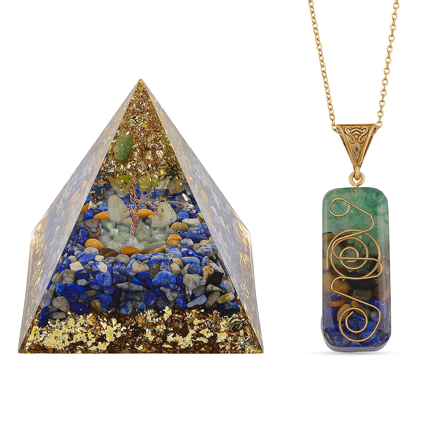 CloseOut Deal - 2 Piece Set - Multi Colour Gemstones Lapis Pyramid Decorative & Pendant with Chain (Size 20 - 2 Ext)