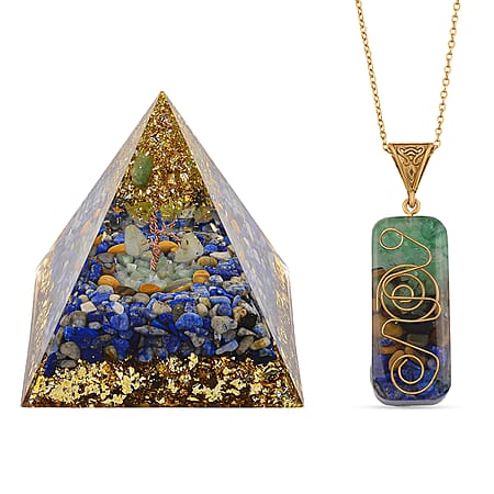 CloseOut Deal - 2 Piece Set - Multi Colour Gemstones Lapis Pyramid Decorative & Pendant with Chain (Size 20 - 2 Ext)