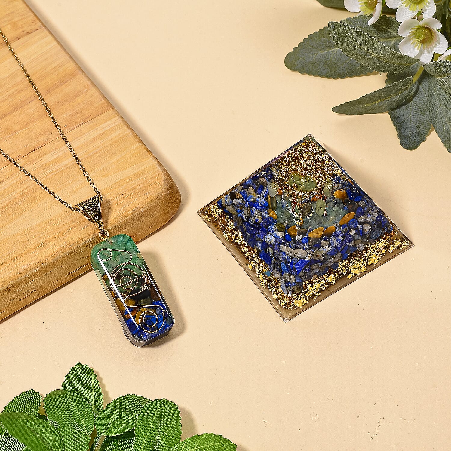 CloseOut Deal - 2 Piece Set - Multi Colour Gemstones Lapis Pyramid Decorative & Pendant with Chain (Size 20 - 2 Ext)