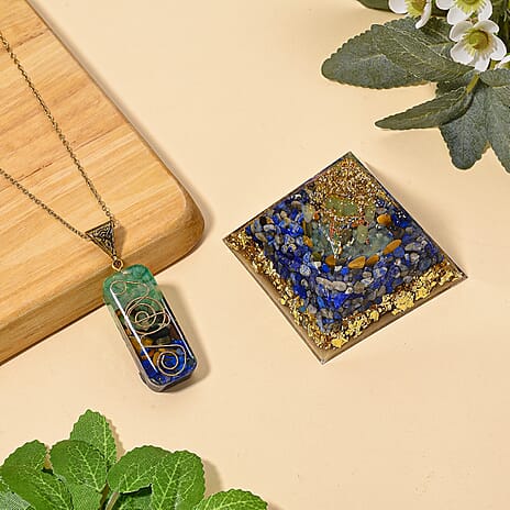 CloseOut Deal - 2 Piece Set - Multi Colour Gemstones Lapis Pyramid Decorative & Pendant with Chain (Size 20 - 2 Ext)