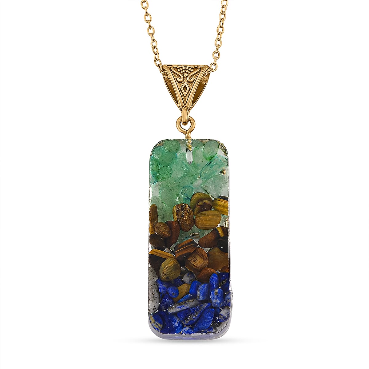 CloseOut Deal - 2 Piece Set - Multi Colour Gemstones Lapis Pyramid Decorative & Pendant with Chain (Size 20 - 2 Ext)