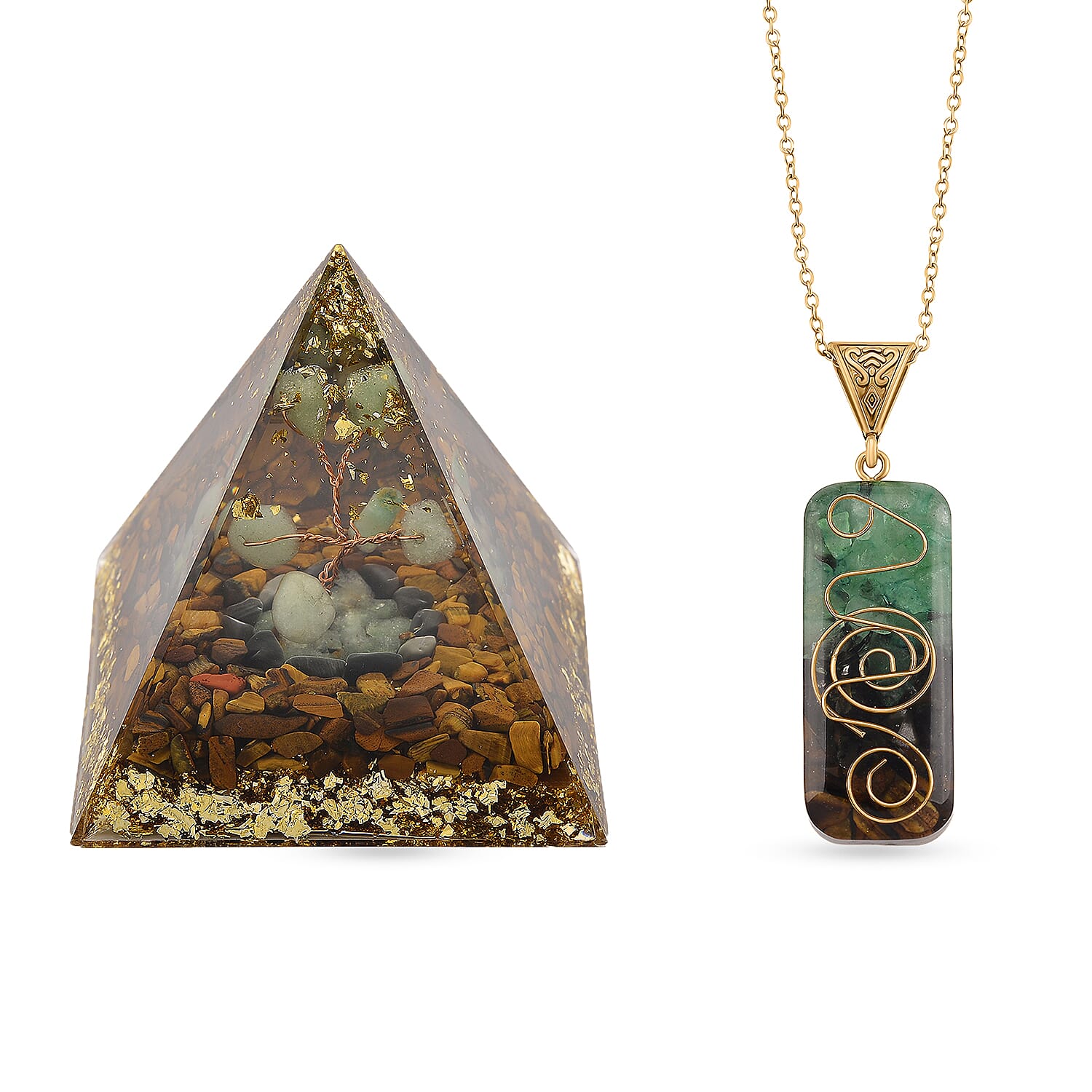CloseOut Deal - 2 Piece Set - Multi Colour Gemstones Tiger Eye Pyramid Decorative & Pendant with Chain (Size 20 - 2 Ext)