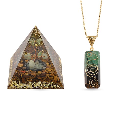 CloseOut Deal - 2 Piece Set - Multi Colour Gemstones Tiger Eye Pyramid Decorative & Pendant with Chain (Size 20 - 2 Ext)