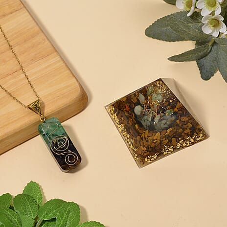 CloseOut Deal - 2 Piece Set - Multi Colour Gemstones Tiger Eye Pyramid Decorative & Pendant with Chain (Size 20 - 2 Ext)