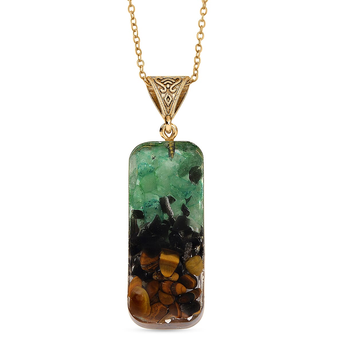 CloseOut Deal - 2 Piece Set - Multi Colour Gemstones Tiger Eye Pyramid Decorative & Pendant with Chain (Size 20 - 2 Ext)