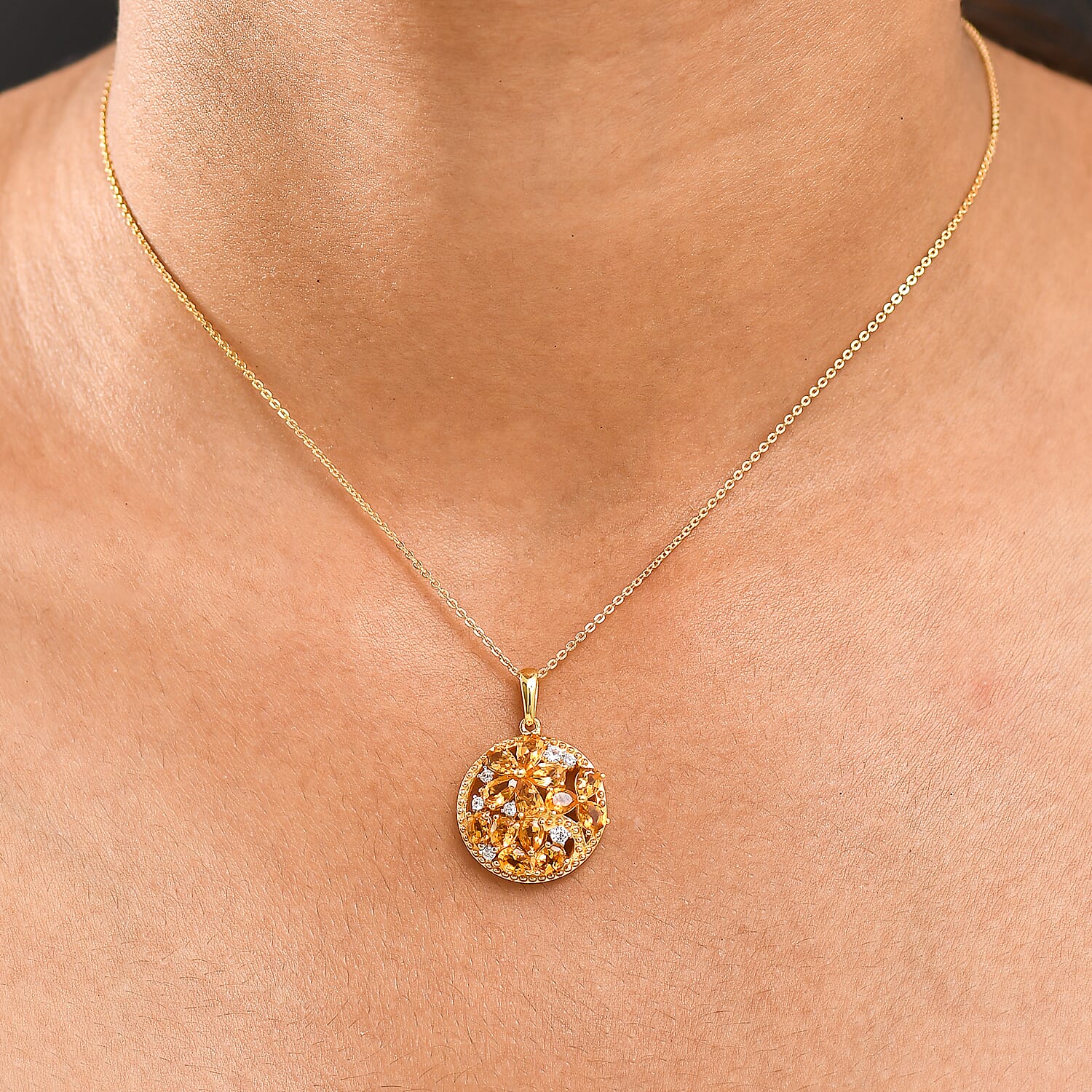 D'Joy Serra Gaucha Citrine & White Zircon Pendant with Chain (Size 20) in Yellow Gold Plated Sterling Silver 2.48 Ct.