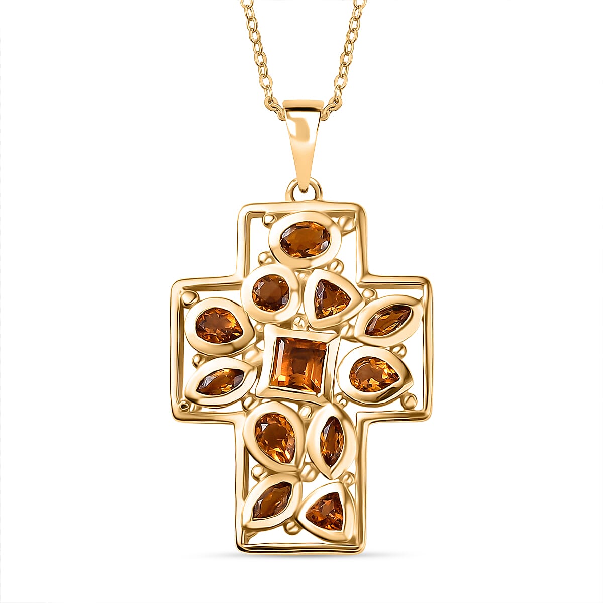 D'Joy Serra Gaucha Citrine Cross Pendant with Chain (Size 20) in Yellow Gold Plated Sterling Silver 1.54 Ct, Silver Wt. 5.42 Gms.