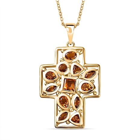 D'Joy Serra Gaucha Citrine Cross Pendant with Chain (Size 20) in Yellow Gold Plated Sterling Silver 1.54 Ct, Silver Wt. 5.42 Gms.