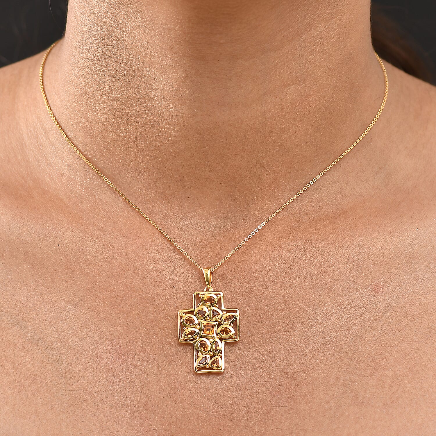 D'Joy Serra Gaucha Citrine Cross Pendant with Chain (Size 20) in Yellow Gold Plated Sterling Silver 1.54 Ct, Silver Wt. 5.42 Gms.