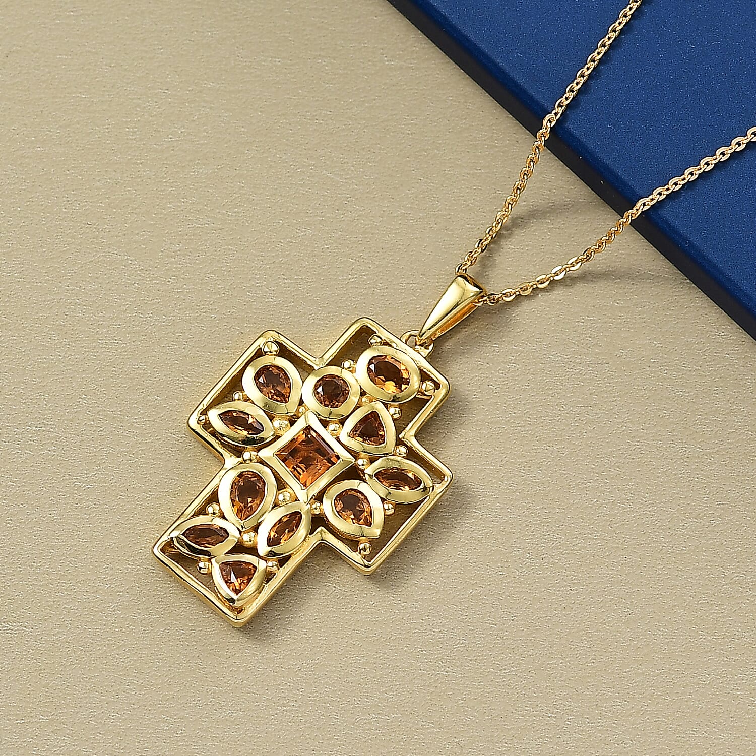 D'Joy Serra Gaucha Citrine Cross Pendant with Chain (Size 20) in Yellow Gold Plated Sterling Silver 1.54 Ct, Silver Wt. 5.42 Gms.