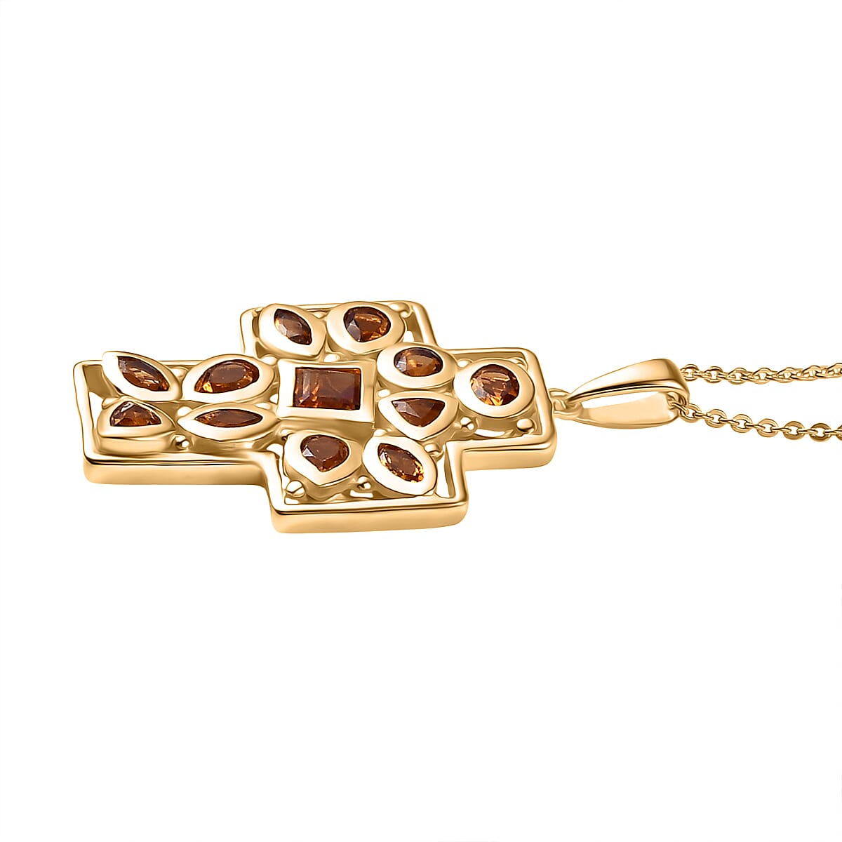 D'Joy Serra Gaucha Citrine Cross Pendant with Chain (Size 20) in Yellow Gold Plated Sterling Silver 1.54 Ct, Silver Wt. 5.42 Gms.