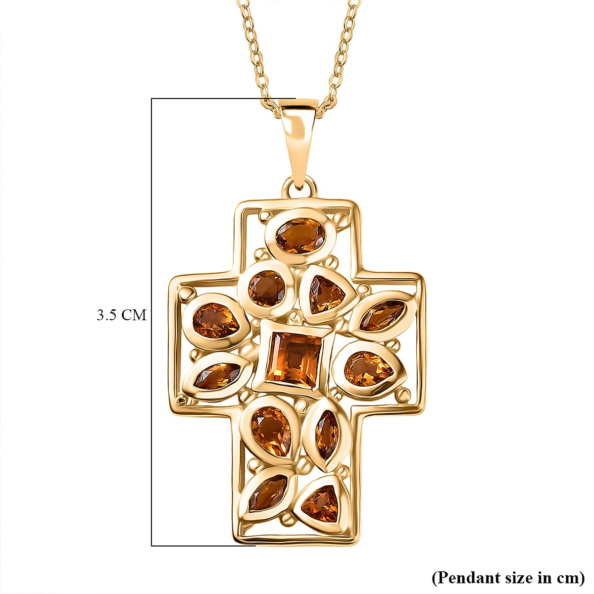 D'Joy Serra Gaucha Citrine Cross Pendant with Chain (Size 20) in Yellow Gold Plated Sterling Silver 1.54 Ct, Silver Wt. 5.42 Gms.