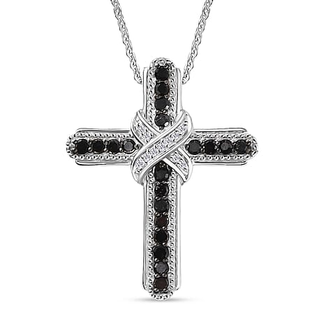 D'Joy Black Diamond & White Diamond Cross Pendant with Chain (Size 20) in Rhodium Overlay Sterling Silver 0.50 Ct.