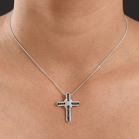 D'Joy Black Diamond & White Diamond Cross Pendant with Chain (Size 20) in Rhodium Overlay Sterling Silver 0.50 Ct.