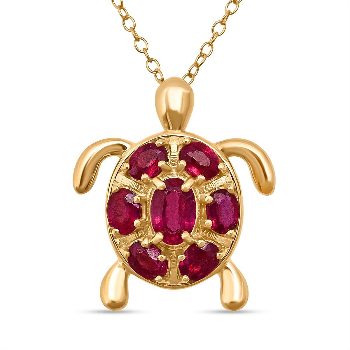 D'Joy African Ruby Turtle Pendant with Chain (Size 20) in Yellow Gold Plated Sterling Silver 2.38 Ct.