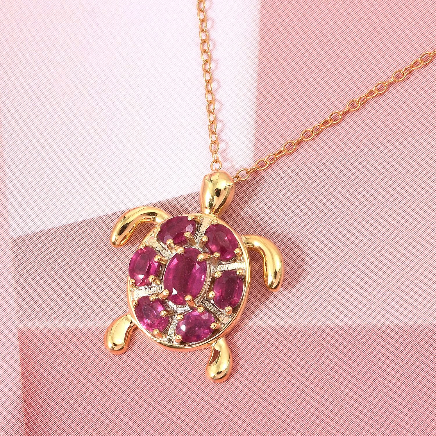 D'Joy African Ruby Turtle Pendant with Chain (Size 20) in Yellow Gold Plated Sterling Silver 2.38 Ct.
