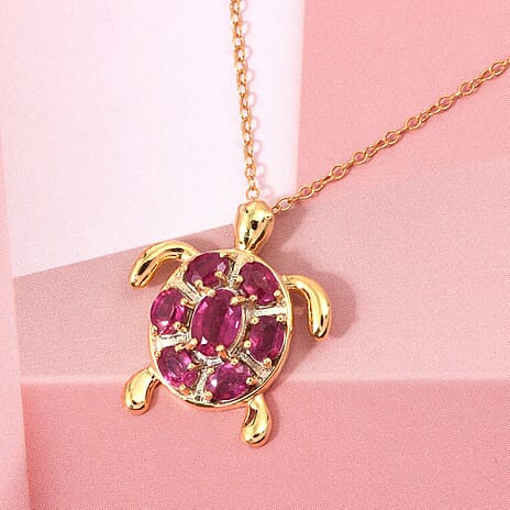 D'Joy African Ruby Turtle Pendant with Chain (Size 20) in Yellow Gold Plated Sterling Silver 2.38 Ct.