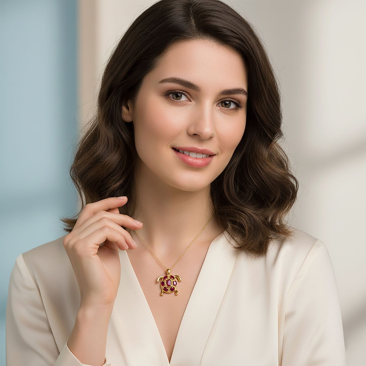 D'Joy African Ruby Turtle Pendant with Chain (Size 20) in Yellow Gold Plated Sterling Silver 2.38 Ct.