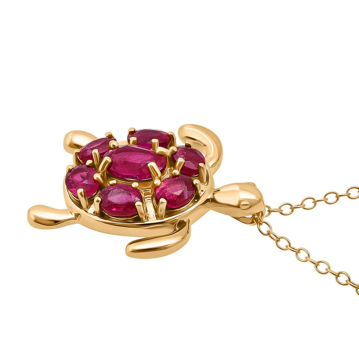 D'Joy African Ruby Turtle Pendant with Chain (Size 20) in Yellow Gold Plated Sterling Silver 2.38 Ct.