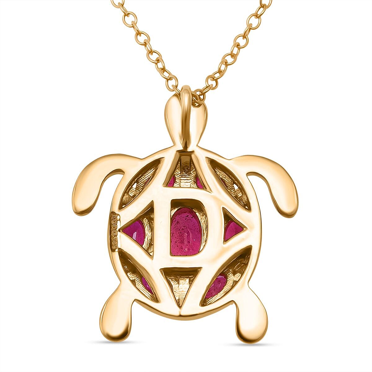 D'Joy African Ruby Turtle Pendant with Chain (Size 20) in Yellow Gold Plated Sterling Silver 2.38 Ct.