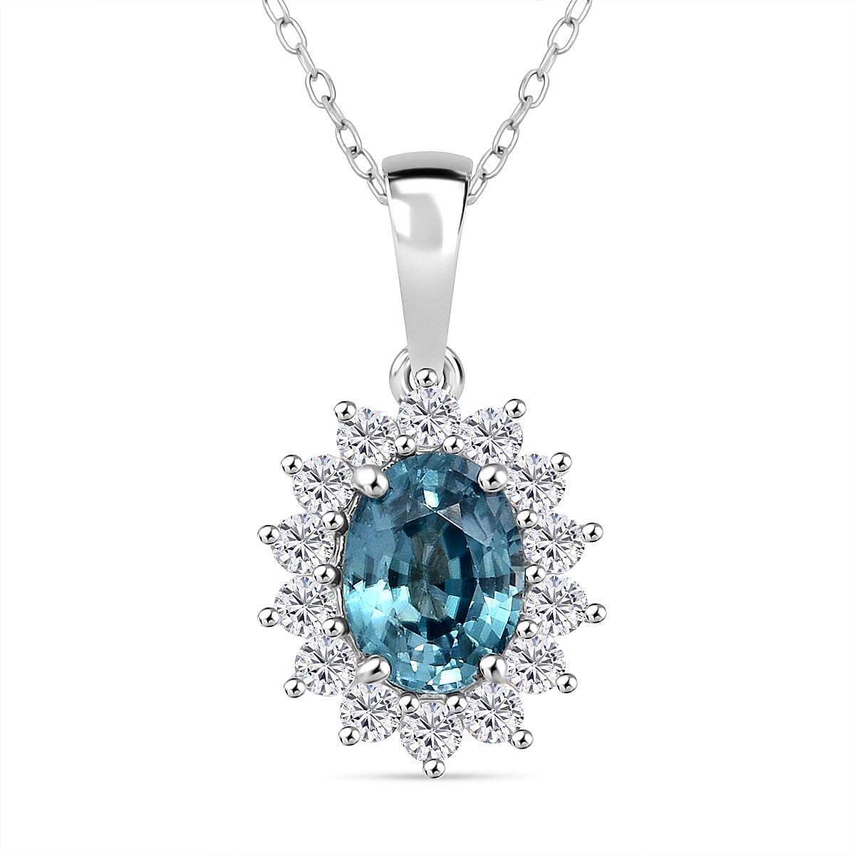 D'Joy Blue Zircon & White Zircon Pendant with Chain (Size 20) with Lobster Clasp in Rhodium Overlay Sterling Silver 2.69 Ct.