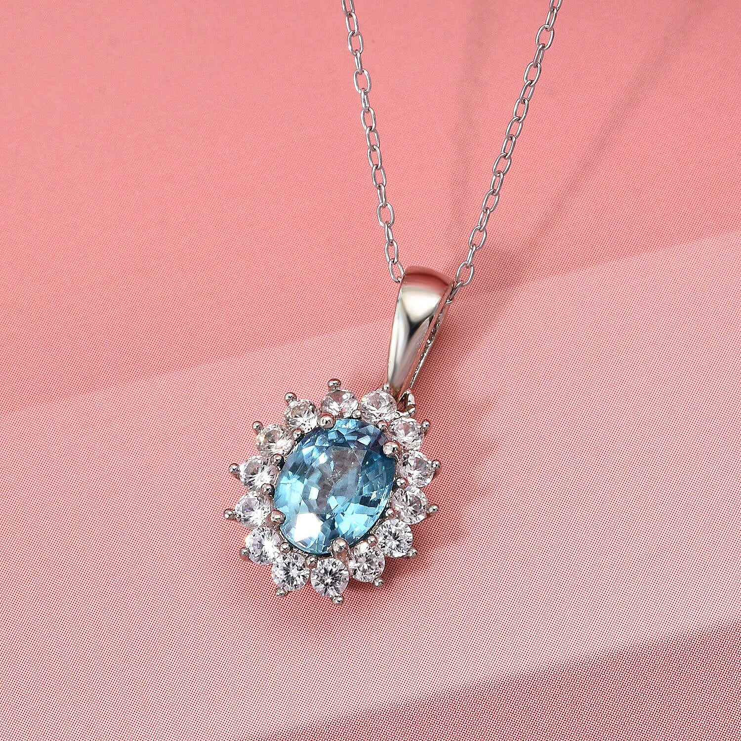 D'Joy Blue Zircon & White Zircon Pendant with Chain (Size 20) with Lobster Clasp in Rhodium Overlay Sterling Silver 2.69 Ct.