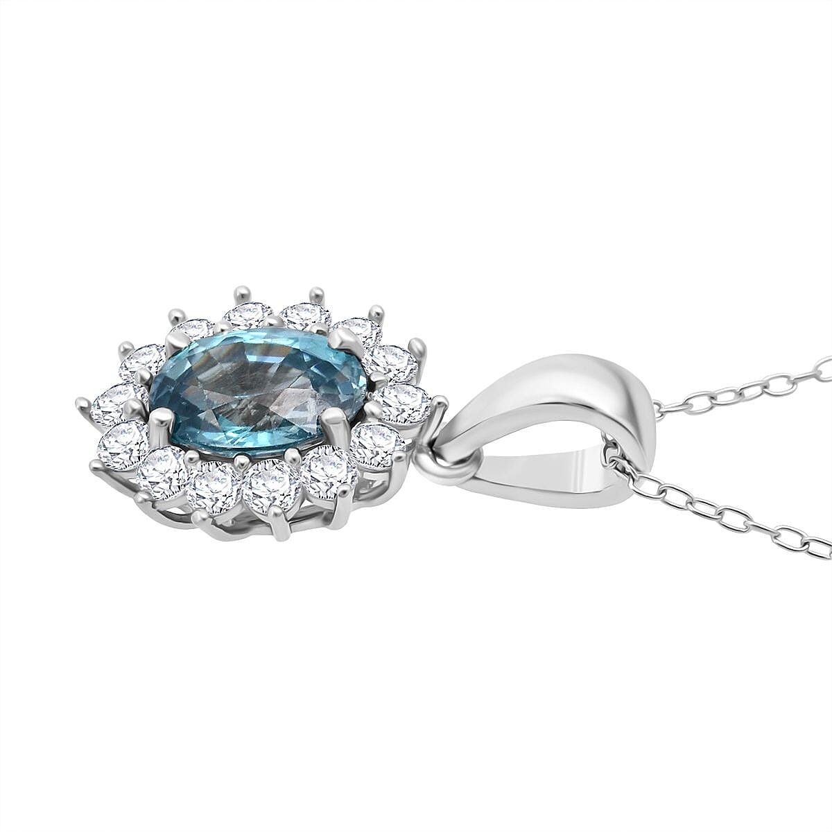 D'Joy Blue Zircon & White Zircon Pendant with Chain (Size 20) with Lobster Clasp in Rhodium Overlay Sterling Silver 2.69 Ct.