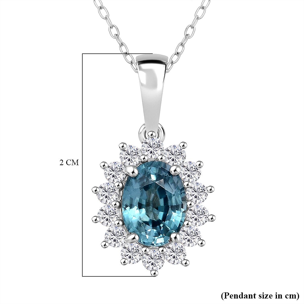 D'Joy Blue Zircon & White Zircon Pendant with Chain (Size 20) with Lobster Clasp in Rhodium Overlay Sterling Silver 2.69 Ct.