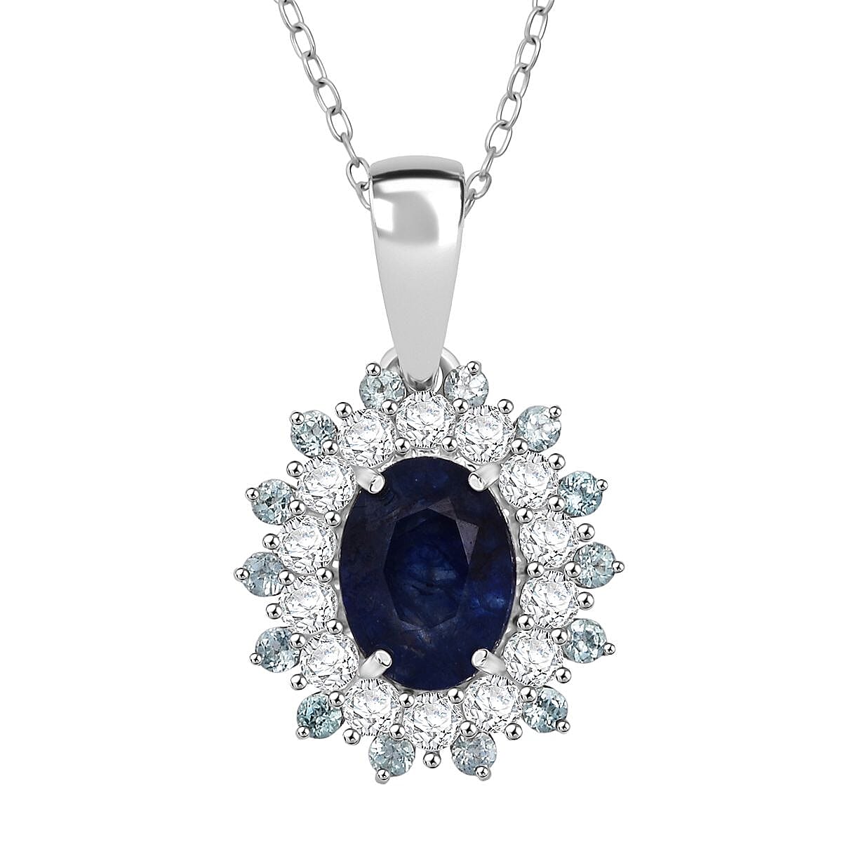 D'Joy Masoala Sapphire, White Zircon & Blue Apatite Pendant with Chain (Size 20) in Rhodium Overlay Sterling Silver 2.82 Ct.