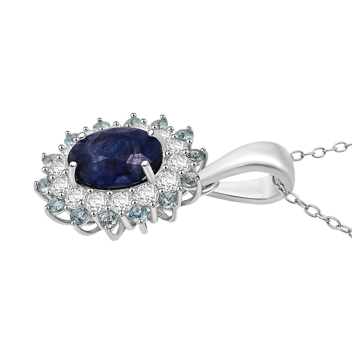 D'Joy Masoala Sapphire, White Zircon & Blue Apatite Pendant with Chain (Size 20) in Rhodium Overlay Sterling Silver 2.82 Ct.