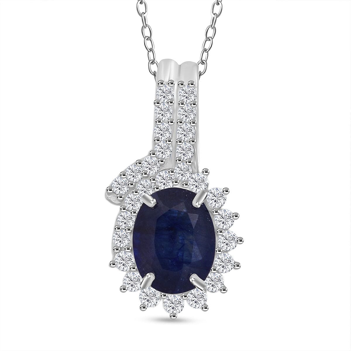 Masoala Sapphire & White Zircon Pendant with Chain (Size 20) in Rhodium Overlay Sterling Silver 3.75 Ct.