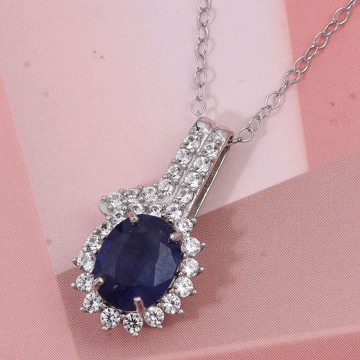 Masoala Sapphire & White Zircon Pendant with Chain (Size 20) in Rhodium Overlay Sterling Silver 3.75 Ct.