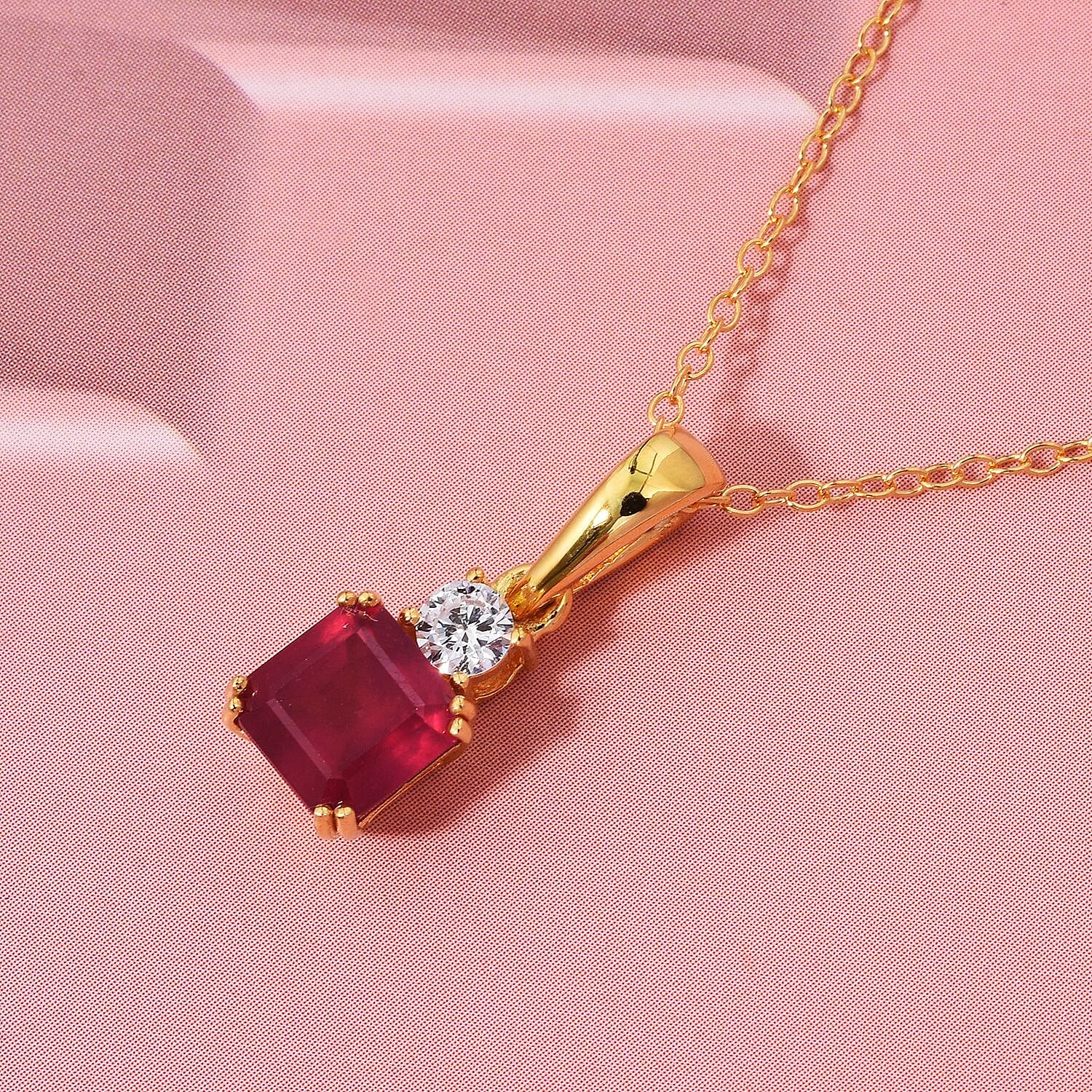 Luxuriant African Ruby & Lab Grown Diamond Pendant with Chain (Size 20) in Yellow Gold Plated Sterling Silver 1.73 Ct.